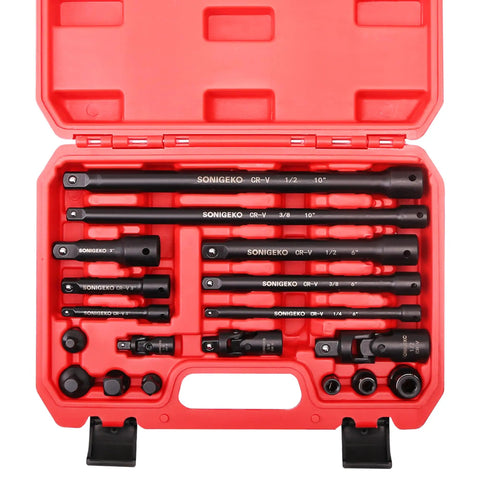 18 Piece Impact Socket Extension Set With Chrome Vanadium Steel Built Tough As Nails For High Torque And Impact Wrenches Includes Multiple Sizes Durable Pro Grade Performance red case