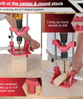 Heavy Duty Portable Drill Guide Built Tough For Straight Holes 0 To 60 Degree Angled Drilling With Hand Drill To Drill Press Adapter Precision Adjustable Drill Jig Attachment Featuring Dual Lock Stabilization And A Half Inch Chuck in use, aligning round dowels for precision drilling on wood surface.