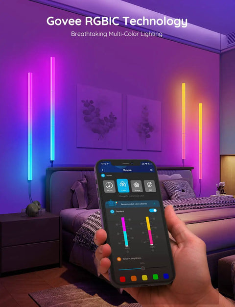 Next Level Smart Gaming Light Bar With Dynamic Rgbic Wall Mount And Hella Smooth Bluetooth App Control For Alexa And Google Setup showing colorful lights and app.