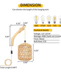Rattan Wall Lamp With Plug In Cord Hand Woven Lantern Shade Farmhouse Wood Holder dimensions and bulb types display