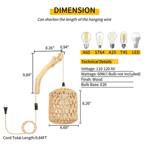 Rattan Wall Lamp With Plug In Cord Hand Woven Lantern Shade Farmhouse Wood Holder dimensions and bulb types display