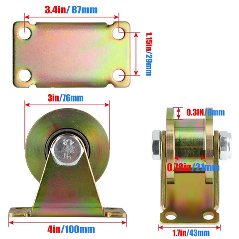 Heavy Duty 3 Inch H Groove Caster Wheel Set For Square Metal Tracks, showing dimensions of galvanized steel caster with mounting plate.