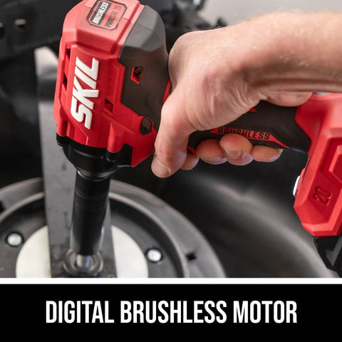 Person using 20V Brushless Cordless Impact Wrench Kit With 2.0Ah Battery And 60 Watt Charger on automotive part
