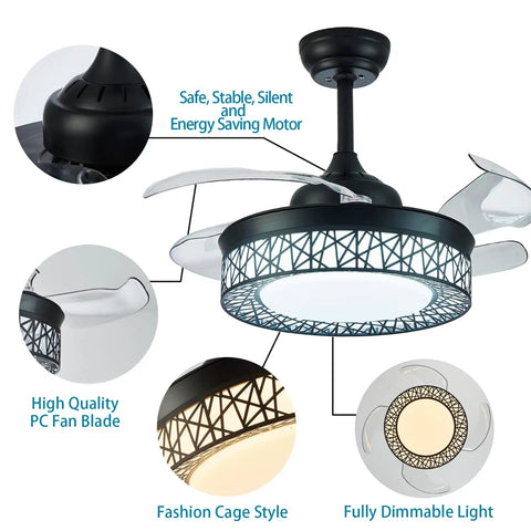 Detailed view of 42 Inch Retractable Ceiling Fan With Dimmable Lights And App Remote Control showcasing features and design.
