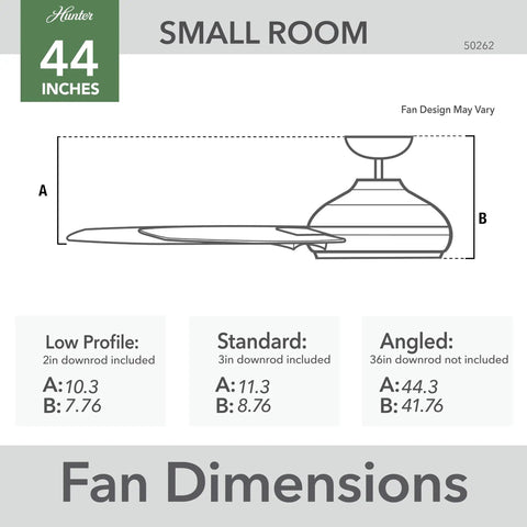 44 Inch Ceiling Fan No Light For Indoor Or Outdoor Use White Finish Damp Rated With Reversible 3 Blades And Pull Chain Standard Mount dimensions