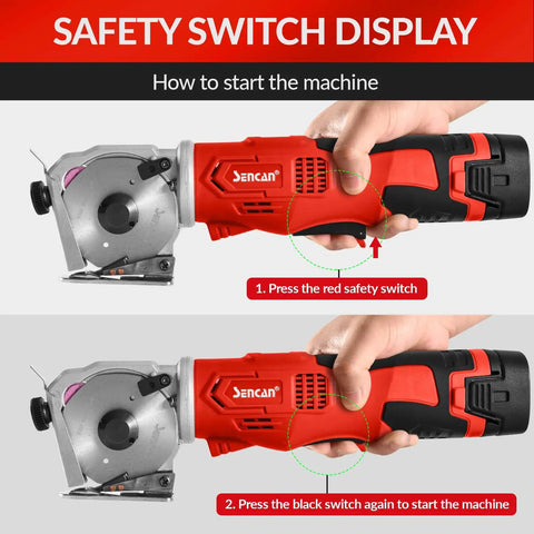 Cordless Rotary Fabric Cutter For Leather And Carpet Ultra Fast 880 RPM Electric Scissors with safety switch operation shown