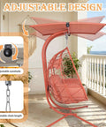Double Egg Chair With Stand And Adjustable Canopy For Indoor Outdoor Use Cozy 2 Person Wicker Hanging Swing Chairs With Removable Cushions 660 Lbs Capacity Patio Balcony Orange Red Frame And Cushions on a balcony with adjustable canopy open
