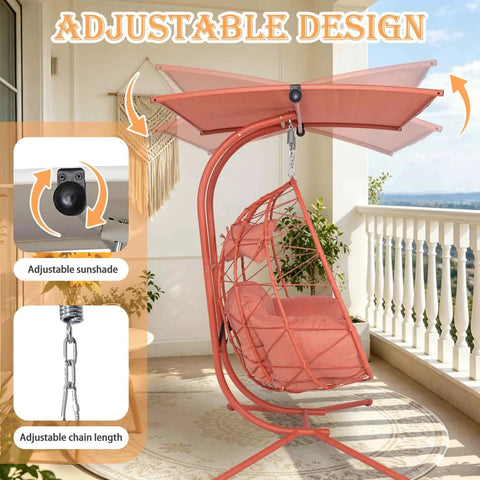 Double Egg Chair With Stand And Adjustable Canopy For Indoor Outdoor Use Cozy 2 Person Wicker Hanging Swing Chairs With Removable Cushions 660 Lbs Capacity Patio Balcony Orange Red Frame And Cushions on a balcony with adjustable canopy open