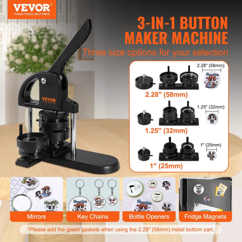 Front view of VEVOR 3-in-1 button maker with ergonomic arc handle for 25/32/58 mm sizes