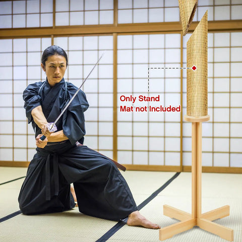 Practitioner with katana near 43 Inch Solid Pine Kendo Tameshigiri Practice Cutting Stand Real Deal Heavy Duty Wooden Dummy Holder