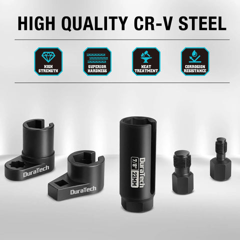 Five Piece Oxygen Sensor Socket And Thread Chaser Kit For Cars With 22mm Offset Sockets In One Half Inch And Three Eighth Inch Drives