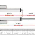 Diagram of 12V DC Linear Actuator 6 Inch Stroke, Beefy Heavy Duty 750N Lift with 10 Inch Retracted and 16 Inch Extended lengths displayed.