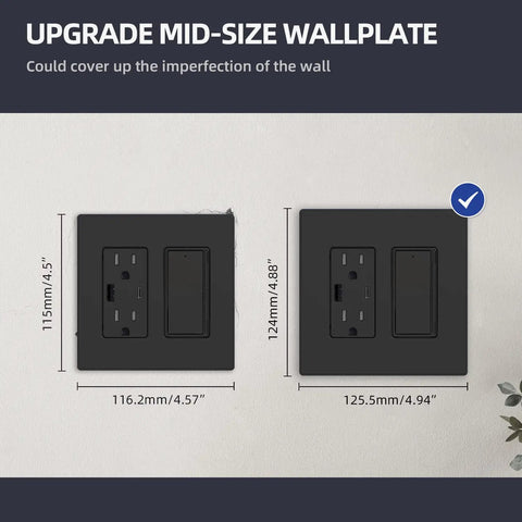 2 Gang Screwless Wall Plates Mid Size Unbreakable Thermoplastic Faceplates For Decorator Receptacle Outlets UL Listed Matte Black 5 Pack Easy Install Durable Modern Home Decor with size comparison and installation view.