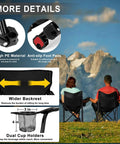 Heavy Duty Portable Camping Chair For Adults With Cup Holder Carry Bag shows backseat, foot pads, and cup holders outdoors.