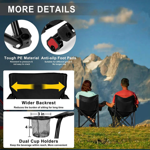Heavy Duty Portable Camping Chair For Adults With Cup Holder Carry Bag shows backseat, foot pads, and cup holders outdoors.