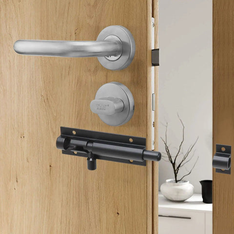 Open door showcasing 4 Pack Barrel Bolt Latch Black Slide Door Lock 3 Inch Security Lock Aluminum Alloy for Home Yard Garden Includes Screws