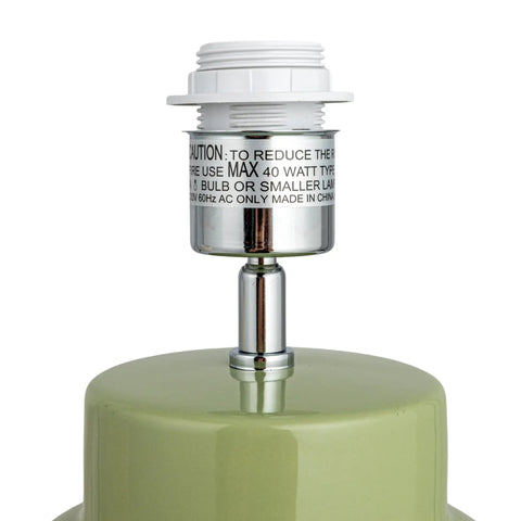 Close-up of celery green stoneware lamp base with bulb socket, 40W compatibility, for Stoneware Table Lamp In Celery Green With Linen Drum Shade Modern Boho Style Lighting For Living Room Or Bedroom Warm Soft Glow With 40W Bulb Compatibility Colorful Accent That Brightens Any Corner With Subtle Yet Eye Catching Style For Modern Decor.