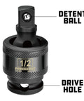 1/2 Inch Drive Impact Universal Joint Socket Adapter Swivel With 360 Degree Rotation And 30 Degree Angled Access, Chrome Moly Beefy Impact Grade, Flexible For Tight Spaces, Works With Standard Ratchets Extensions And Tools. 1/2 in CR-MO joint with detent ball and drive hole