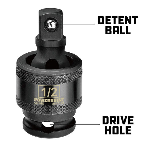 1/2 Inch Drive Impact Universal Joint Socket Adapter Swivel With 360 Degree Rotation And 30 Degree Angled Access, Chrome Moly Beefy Impact Grade, Flexible For Tight Spaces, Works With Standard Ratchets Extensions And Tools. 1/2 in CR-MO joint with detent ball and drive hole