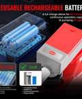 Front view of red portable battery-powered fuel transfer pump with gray head, 51-inch hose, and adapters.