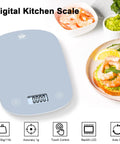 Ultra Slim Digital Kitchen Scale With 1G Precision And 11Lb Capacity, blue scale with touch controls and LCD display, food in background