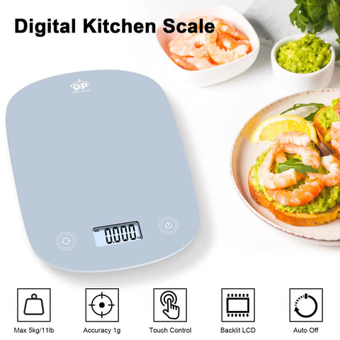 Ultra Slim Digital Kitchen Scale With 1G Precision And 11Lb Capacity, blue scale with touch controls and LCD display, food in background