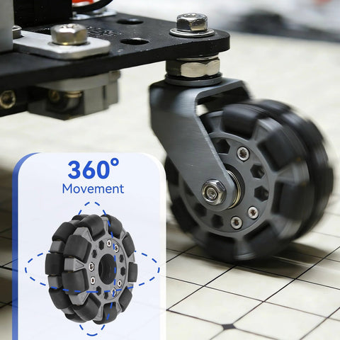 100mm omnidirectional robot wheel with gray hub and black rubber rollers mounted on a metal bracket