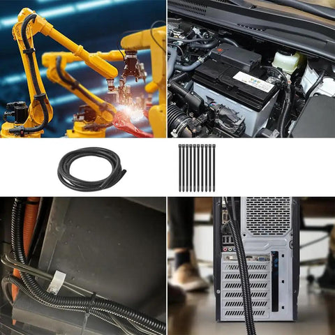 Heavy Duty Black Split Wire Loom Tubing For Hassle Free Cable Management 3/8 Inch Inner Diameter Thirty Three Feet flexible cord protector shown in various uses.