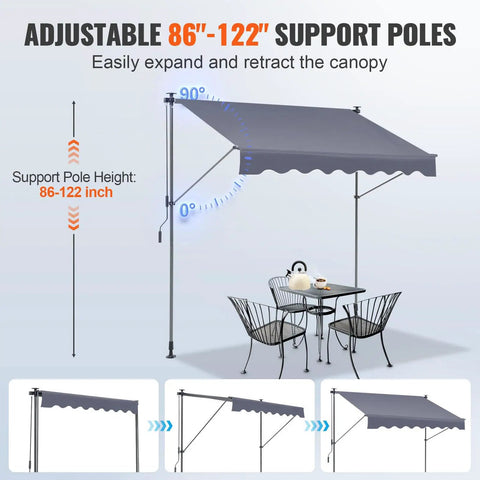 Manual Retractable Patio Awning 78 Inch Wide Sun Shade Curtain with adjustable support poles over outdoor table set
