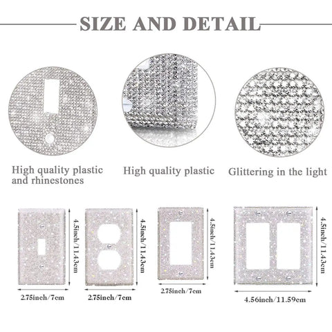 Size and detail of Bling Silver Rhinestone Light Switch Cover Plate With Sparkling Crystal Accent Shiny Wall Plate Cover For Living Room Bedroom Decor Easy Install Premium Plastic Single Pack
