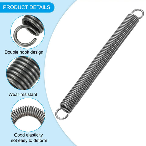 Tough As Nails Extension Spring Featuring Dual Hook Tension Build Made From Fatigue Resistant Spring Steel Exactly Zero Point One Inch Wire And Point Seven Inch Outer Diameter Spanning Seven Point Nine Inches Long, showing double hook design and coiled structure.