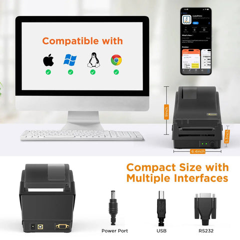 Direct Thermal Label Printer 2 Inch Wide For Barcode Stickers And QR Codes displayed with computer and smartphone for easy setup.