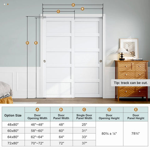 Sliding Closet Door 64x80 Inches 5 Panel Bypass Barn Doors With Concealed Hardware Track Kit White Finish installed in bedroom