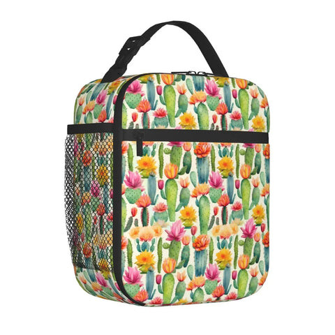 Desert Cactus Floral Insulated Lunch Tote for Office, Picnic and Camping with colorful print, waterproof nylon and mesh pocket.
