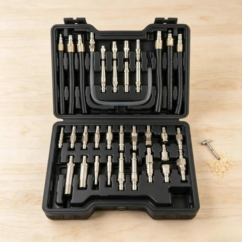 Baoblaze 39 Piece Automatic Transmission Fluid Machine Adapter Kit With Flexible Black Hoses And Metal Hardware For Quick Gearbox Service And Easy Oil Changes inside case.
