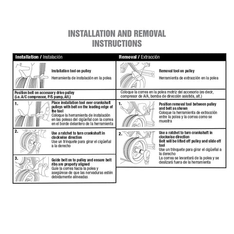 Instructions for Stretch Belt Remover And Installer Set For Serpentine And Timing Belts, showing installation and removal steps.