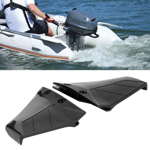 Hydrofoil Boat Motor Stabilizers For 4HP To 50HP Outboards, Cut Drag And Cavitation, Smoother Planing Ride, in ABS Plastic, shown mounted on an outboard motor.