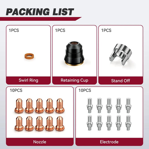 IPT60 Plasma Cutter Torch Consumables.045 Inch Tip Set packaging showing swirl ring, retaining cup, stand off, nozzles, electrodes.