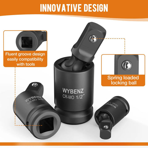 Close-up of 11 Piece Impact Socket Adapter And Reducer Set With Universal Joint Wobble Drive showing spring loaded locking ball.