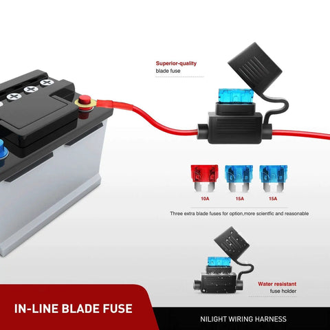 In-line blade fuse and wiring for Two Pack 18W Spot LED Work Lights For Off Road Driving Fog Beams, showing fuse details and case.