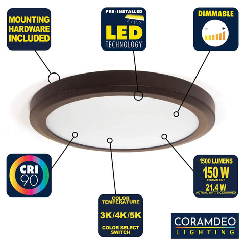 15 Inch LED Edge Lit Flush Mount Ceiling Light With Dope Color Temperature Switch Dimmable Bronze Cast Aluminum Low Profile 1500 Lumens 21.4W 3000K 4000K 5000K featuring mounting hardware included, color select switch, and pre-installed LED technology.