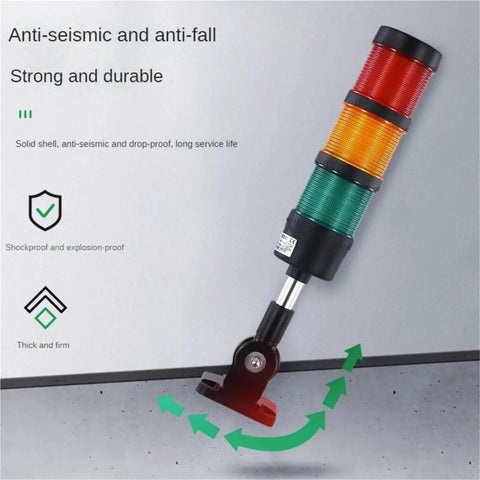 Industrial LED Warning Light for Security and Alarm Systems with Flashing or Steady Modes Multi Layer Siren Indicator Lamp for Machines and Towers 24V Operation 1 to 5 Layer Beacon, shown with anti-seismic and anti-fall design on mounting base.