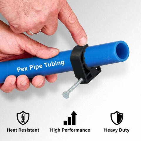 Highcraft half clamp for 1/2 in PEX tubing, black plastic with mounting screw.