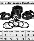 11 Piece Bike Headset Spacer Set With Aluminum Alloy And Carbon Fiber, includes 2 3 5 10 15 20 mm sizes, shown in stack with specs