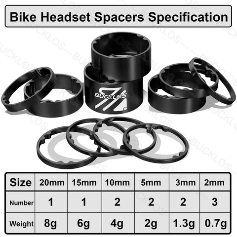 11 Piece Bike Headset Spacer Set With Aluminum Alloy And Carbon Fiber, includes 2 3 5 10 15 20 mm sizes, shown in stack with specs