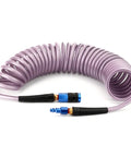 Heavy Duty Polyurethane Coiled Air Hose 1/4 X 25 Ft Self Retracting Spring Design With Quick Connect Coupler And Emissions Plug Kit Built Tough Air Compressor Shop Rig Ready Purple coiled hose with connectors.