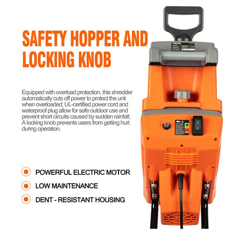 Front view of 15 Amp Electric Wood Chipper Shredder with safety hopper, locking knob, and controls visible, orange color.