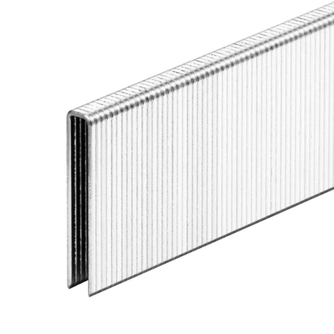Built Tough No Fuss Heavy Duty Galvanized Narrow Crown Staples 18 Gauge One Quarter Inch Chisel Tip For Electric Or Pneumatic Stapler Guns 4000 Count close-up of galvanized staples showing chisel tip design.