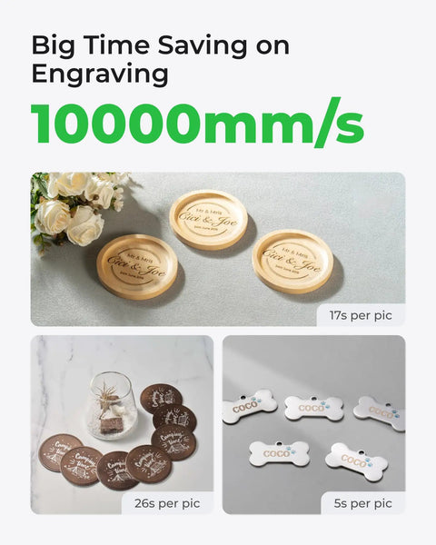 Engravings on wooden plates and coasters demonstrating the speed of 10000mm/s with the F1 Ultra 20W Fiber And Diode Dual Laser Engraver.