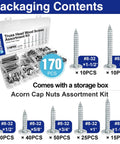 Top Shelf Number 8 White Wood Screws Assortment With Truss Head Design, 170 Piece Carbon Steel Set in storage box with varied sizes.